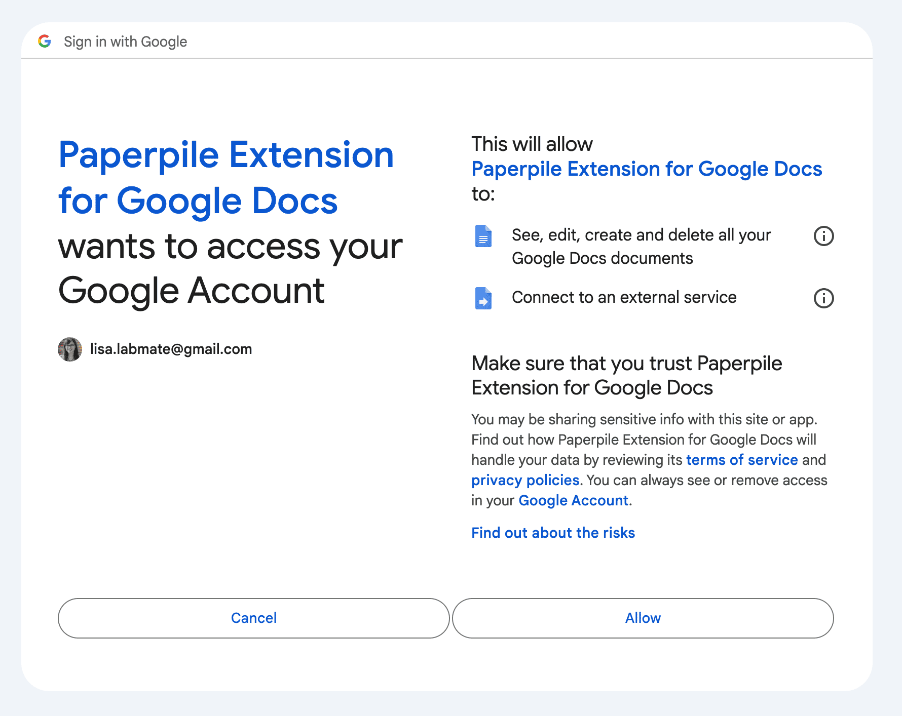 The Google consent screen for the Paperpile Extension for Google Docs, listing “See, edit, create and delete all your Google Docs documents” and “Connect to an external service”, with terms and privacy links and Cancel and Allow buttons.